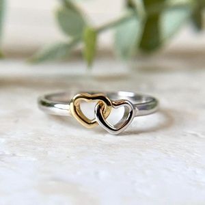 Dainty 925 Sterling Silver Double Heart Ring Two Tone Stacking Minimalist Ring
